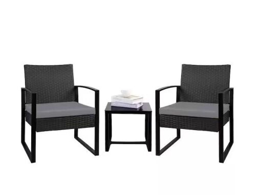 Black 3-Piece Outdoor Wicker Patio Furniture Set with Gray Cushion - Lot 107