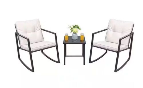 Black 3-Pieces Metal Wicker Outdoor Rocking Chair Bistro Conversation Set with White Cushions  - Lot 268