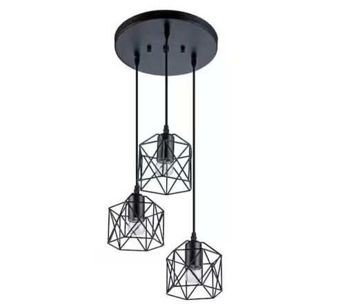 Lot of (2) 3-Light Modern Industrial Black Metal Cage Adjustable Height Pendant Light with Metal Shade  - Lot 556