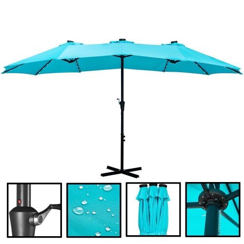 15ft Double-Sided Outdoor Rectangle Patio Umbrella with Solar Lights - Lot 409