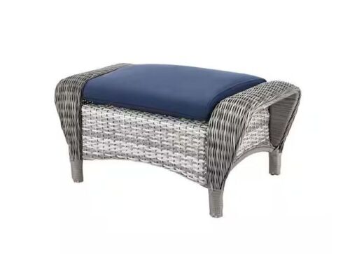 Hampton Bay Beacon Park Gray Wicker Outdoor Patio Ottoman with CushionGuard Midnight Trellis Navy Blue Cushions - Lot 64