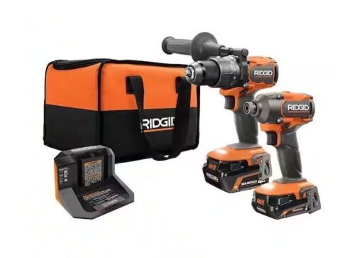 RIGID 18V Brushless Cordless 2-Tool Combo Kit with Hammer Drill, Impact Driver, (2) Batteries, Charger, and Bag  - Lot 65