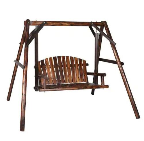 VEIKOUS 4.4 ft. 2-Person Carbonized Fir Wood Patio Swing with A-Frame Stand  - Lot 10