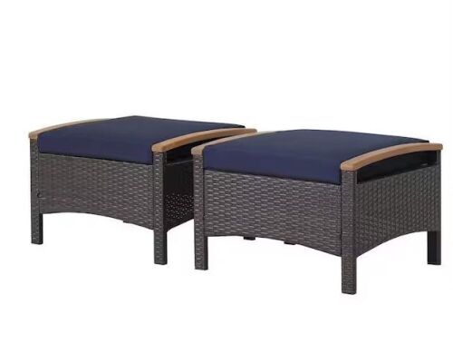 Honey Joy 2-Piece Wicker Outdoor Ottoman Patio Rattan Footrest Seat with Blue Cushions and Curved Acacia Wood Handles  - Lot 62