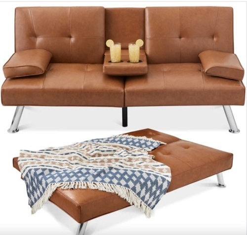 Faux Leather Upholstered Convertible Sofa Bed Futon w/ 2 Cupholders - Lot 51
