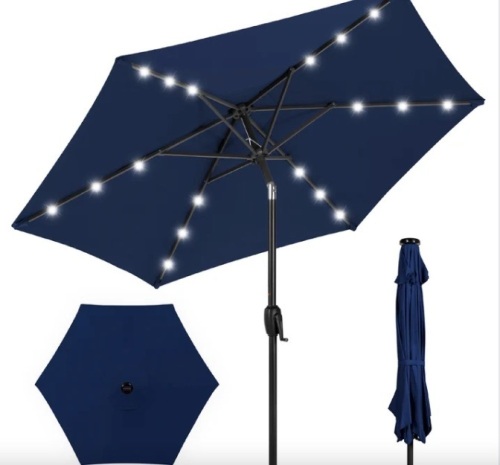 Outdoor Solar Patio Umbrella w/ Push Button Tilt, Crank Lift - 7.5ft - Lot 56