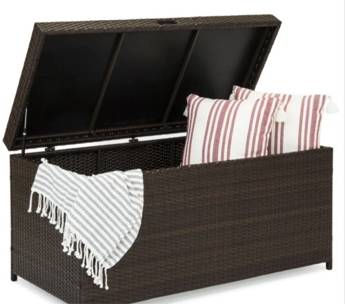 Indoor Outdoor Wicker Storage Box w/ Steel Frame, Lift-Up Top - 136 Gal - Lot 174