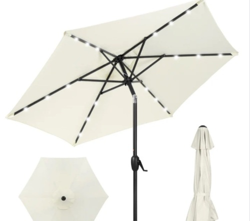 Outdoor Solar Patio Umbrella w/ Push Button Tilt, Crank Lift - 7.5ft - Lot 180