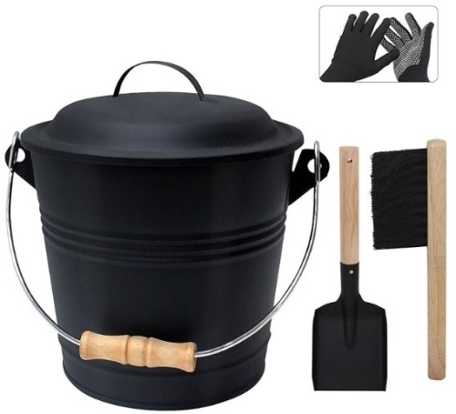 Ash Bucket with Lid and Shovel, 1.3 Gallon Fireplace Bucket for Ashes, Includes Hand Broom and Gloves for Fire Pit, Wood Burning Stove and Grill - Lot 69