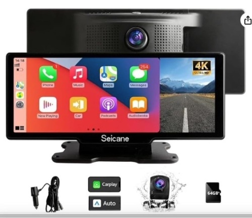 9 inch Wireless Car Stereo with Apple CarPlay & Android Auto Portable Apple Carplay Screen for Car with 4K Dashcam and 1080P Backup Camera Dual Bluetooth,Mirror Link,Loop Recording,FM,AUX - Lot 93a