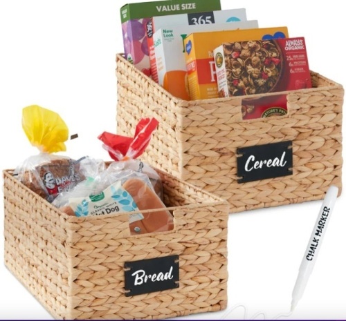 Set of 2 Water Hyacinth Pantry Baskets w/ Chalkboard, Marker - 16in - Lot 125