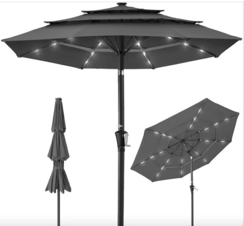 3-Tier Solar Patio Umbrella w/ LED Lights, Tilt Adjustment, Crank - 10ft - Lot 142