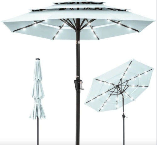 3-Tier Solar Patio Umbrella w/ LED Lights, Tilt Adjustment, Crank - 10ft - Lot 147