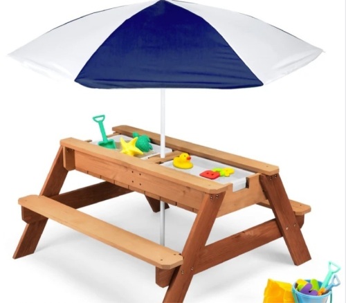 3-in-1 Kids Sand & Water Table Outdoor Wood Picnic Table w/ Umbrella - Lot 219