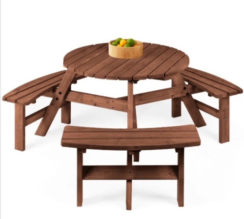6-Person Circular Wooden Picnic Table w/ Umbrella Hole, 3 Benches - Lot 284