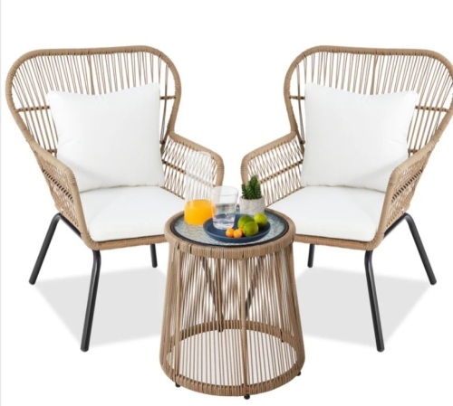 3-Piece Patio Wicker Conversation Bistro Set w/ 2 Chairs, Glass Top Table - Lot 290