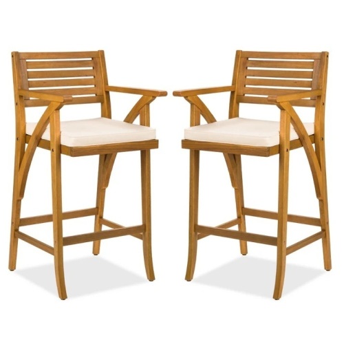 Set of 2 Outdoor Acacia Wood Bar Stools Chairs w/ Weather-Resistant Cushions  23"(L) x 21"(W) x 46"(H) - Lot 330