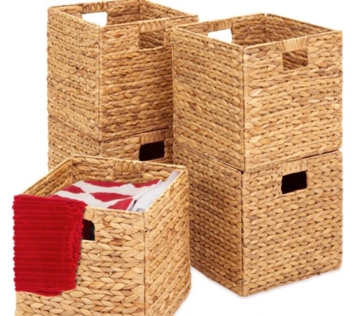 Set of 5 Collapsible Hyacinth Storage Baskets w/ Inserts - 13x13in - Lot 293