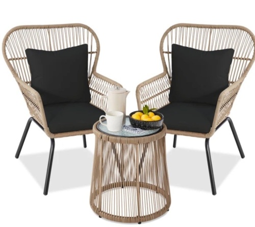 3-Piece Patio Wicker Conversation Bistro Set w/ 2 Chairs, Glass Top Table - Lot 300