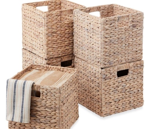 Set of 5 Collapsible Hyacinth Storage Baskets w/ Inserts - 10.5x10.5in - Lot 306