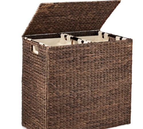 Large Water Hyacinth Double Laundry Hamper Basket w/ 2 Liner Bags - Lot 308