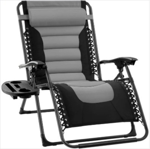 Oversized Padded Zero Gravity Chair, Folding Recliner w/ Headrest, Side Tray - Lot 437
