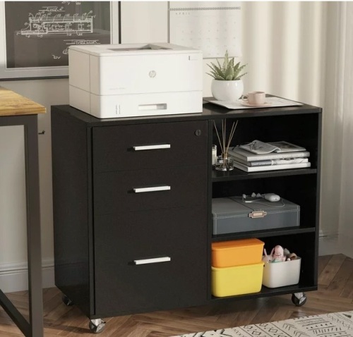 Furmax 3 Drawer Wood File Cabinet, Mobile Lateral Filing Cabinet, Printer Stand with Open Storage Shelves for Home Office, Black - Lot 438