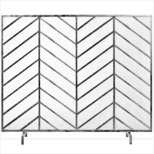 Single Panel Iron Chevron Fireplace Screen w/ Antique Finish - 38x31in - Lot 440