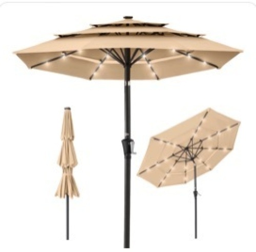                                3-Tier Solar Patio Umbrella w/ LED Lights, Tilt Adjustment, Crank - 10ft   teal color                           - Lot 399