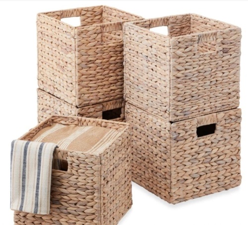 Set of 5 Collapsible Hyacinth Storage Baskets w/ Inserts - 10.5x10.5in - Lot 471