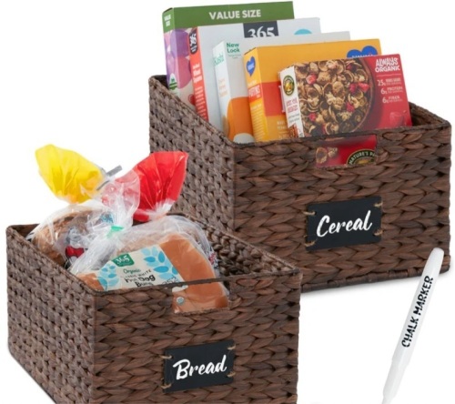 Set of 2 Water Hyacinth Pantry Baskets w/ Chalkboard, Marker - 16in - Lot 478