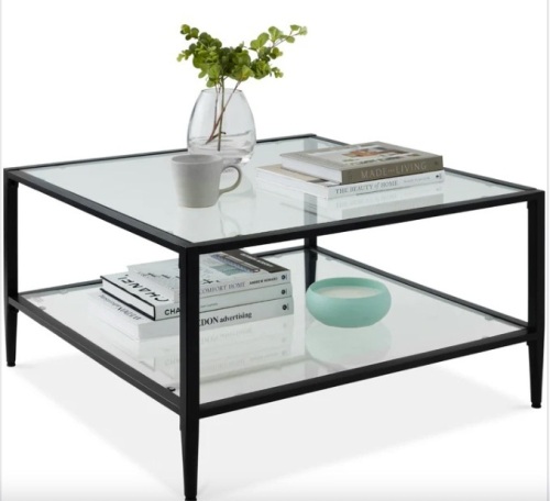 2-Tier Large Square Coffee Table Living Room Accent w/ Glass Top - 32" - Lot 446