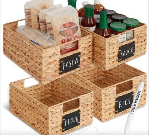 Set of 4 Water Hyacinth Pantry Baskets w/ Chalkboard, Marker - 12in - Lot 447