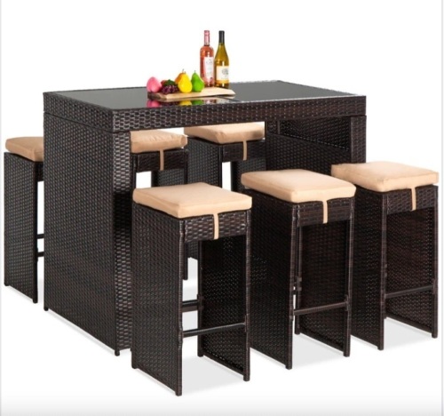 7-Piece Wicker Bar Patio Dining Set w/ Glass Table Top, 6 Stools - Lot 30