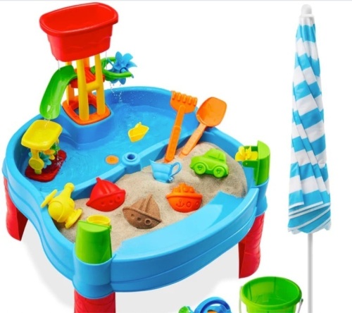 Kids Outdoor Sand & Water Table w/ 18 Accessories, Adjustable Umbrella - Lot 480