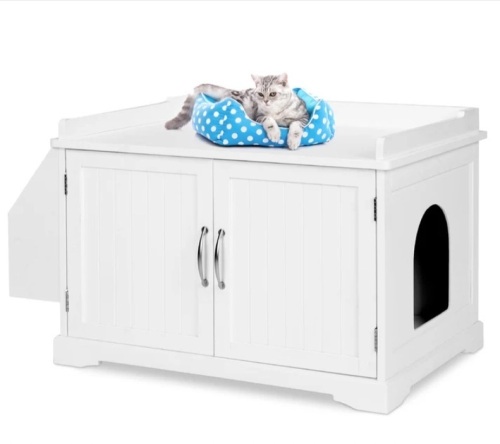 Large Wooden Cat Litter Box Enclosure & Storage Cabinet w/ Magazine Rack - Lot 484