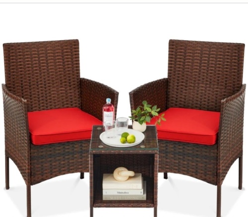 3-Piece Outdoor Patio Wicker Bistro Set w/ Side Storage Table - Lot 497