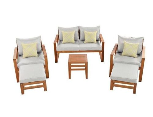 Harper & Bright Designs 6-Piece Solid Wood Patio Conversation Set with Gray Cushions, Ottomans and Pillows  - Lot 19
