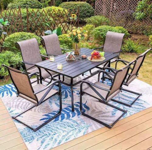 Phi Villa Black 7-Piece Metal Patio Outdoor Dining Set with Slat Rectangle Table and Textilene C-Spring Chairs - One Chair Needs a Screw, Paint Scratched on a Chair  - Lot 30