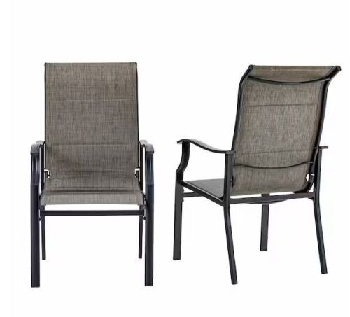 Phi Villa Black Ergonomic High Back Padded Textilene Metal Outdoor Dining Chair with Wave Arms, Set of 2  - Lot 41