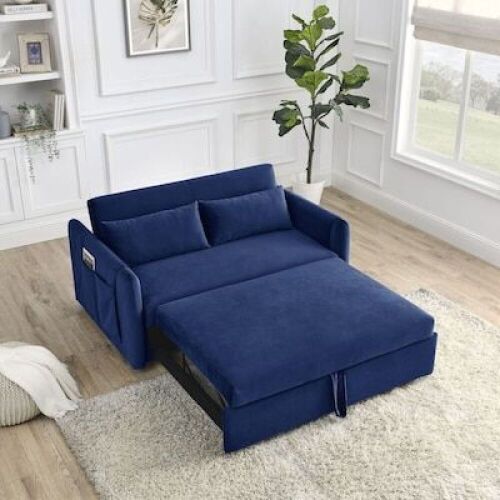 Modern Blue Velvet Small Futon Sofa  - Lot 80