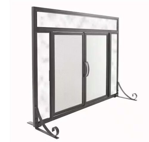 Pleasant Hearth Manchester Large Size Black Steel and Glass Single-Panel Fireplace Screen with Doors - Lot 354