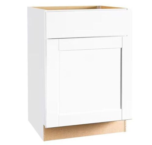 Hampton Bay Shaker 24 in. W x 24 in. D x 34.5 in. H Assembled Base Kitchen Cabinet in Satin White with Ball-Bearing Drawer Glides - Lot 355