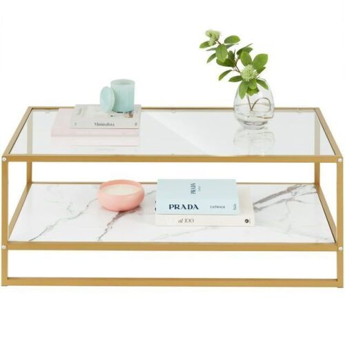 44in 2-Tier Rectangular Coffee Table, 2-in-1 Accent Furniture w/ Faux Marble Top - Lot 393