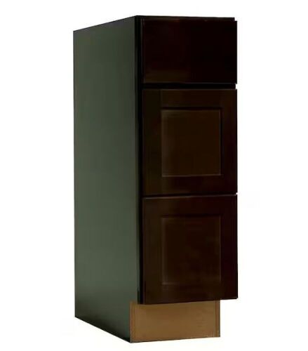 Hampton Bay Shaker 12 in. W x 21 in. D x 34.5 in. H Assembled Bathroom 3-Drawer Base Cabinet in Java - Lot 458