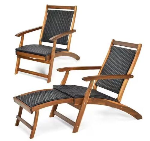 Folding Patio Acacia Wood Deck Chair Rattan Chaise Lounge Chair with Footrest, Set of 2 - Lot 34