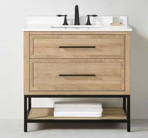 Corley 36 in. W x 19 in. D x 34 in. H Single Sink Bath Vanity in Weathered Tan with White Engineered Stone Top - Lot 45