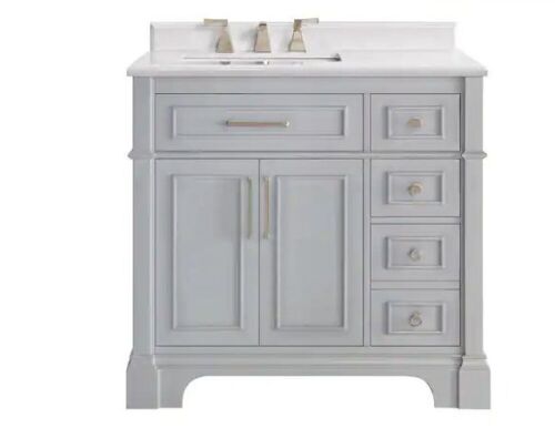 Melpark 36 in. W x 22 in. D x 34 in. H Single Sink Bath Vanity in Dove Gray with White Engineered Marble Top - Lot 47