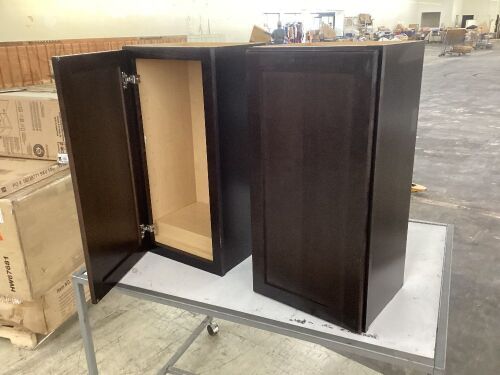 Lot of (2) Hampton Bay Shaker 15 in. W x 12 in. D x 30 in. H Assembled Wall Kitchen Cabinet in Java - Minor Damage, Missing Shelf Hardware  - Lot 621