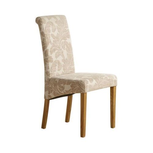 Scroll Back Patterned Beige Fabric Chair with Solid Oak Legs, Set of 2  - Lot 98